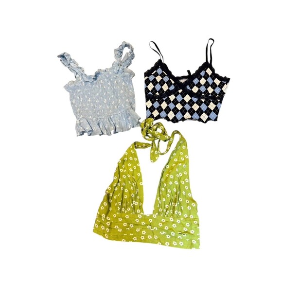 Tops - Summer Tops Lot Of 3 Size M Smocked Halter Cropped Green Blue Beach Vacation